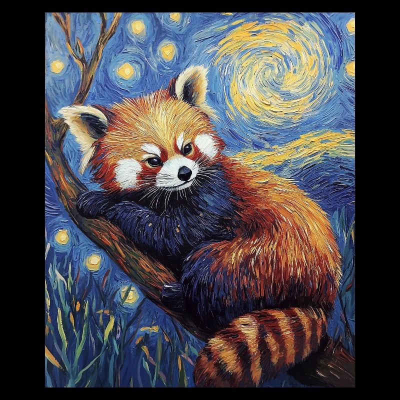 Red Panda Bear Van Gogh Style Starry Night