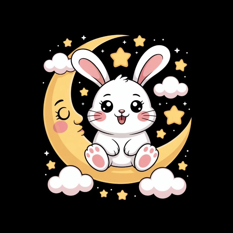 Cute bunny on crescent moon with stars