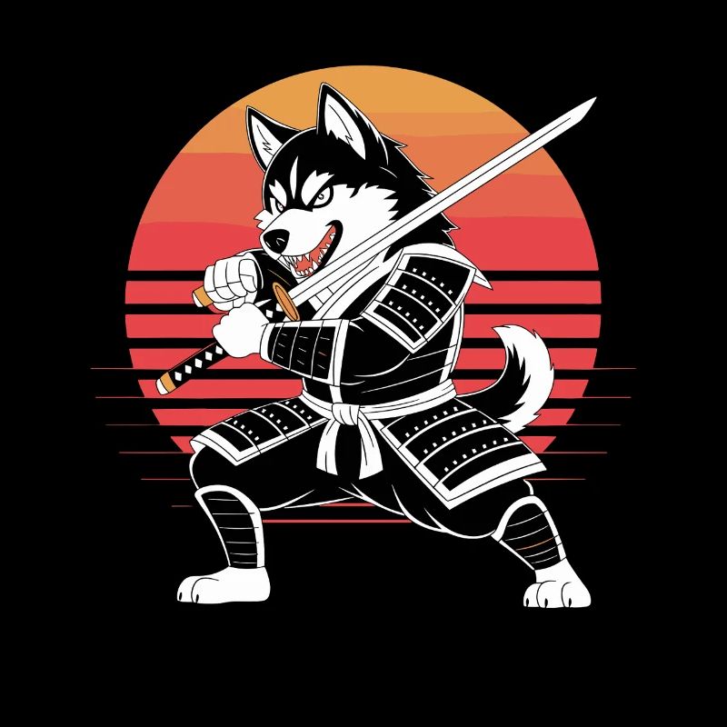  Husky Samurai Krieger Mit Katana Vor Retro