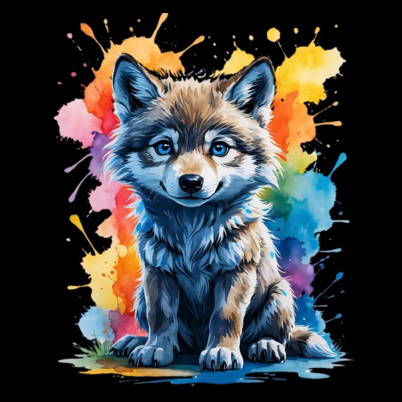 Aquarelle louveteau chiot en couleur éclaboussure