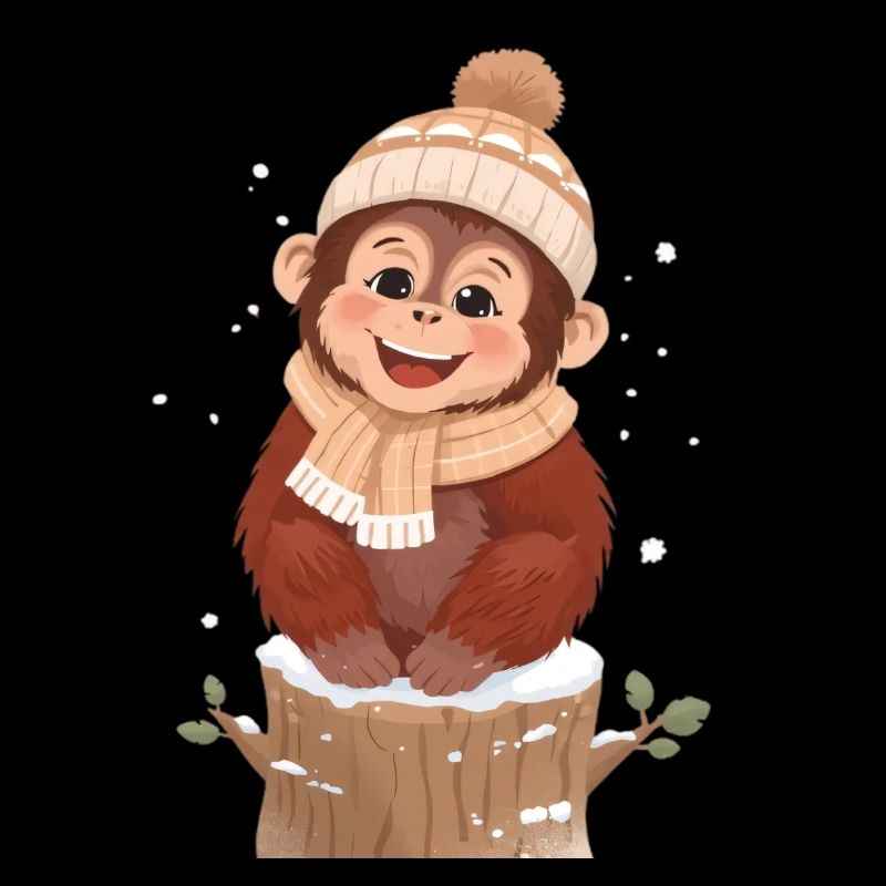 Winter monkey on tree stump