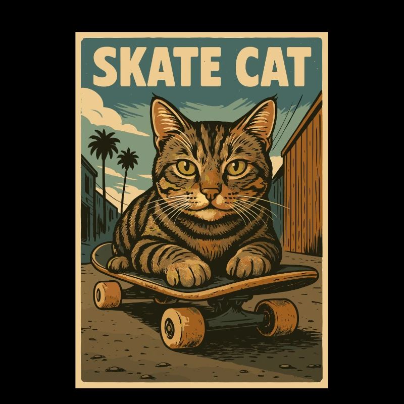 Skate Cat on Skateboard Retro Poster