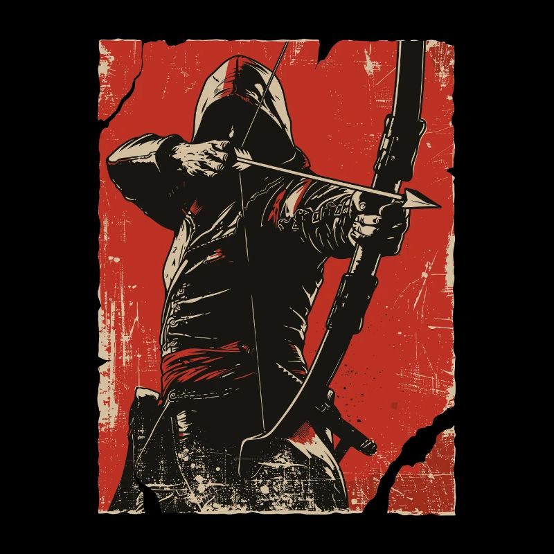 Hooded archer on red background