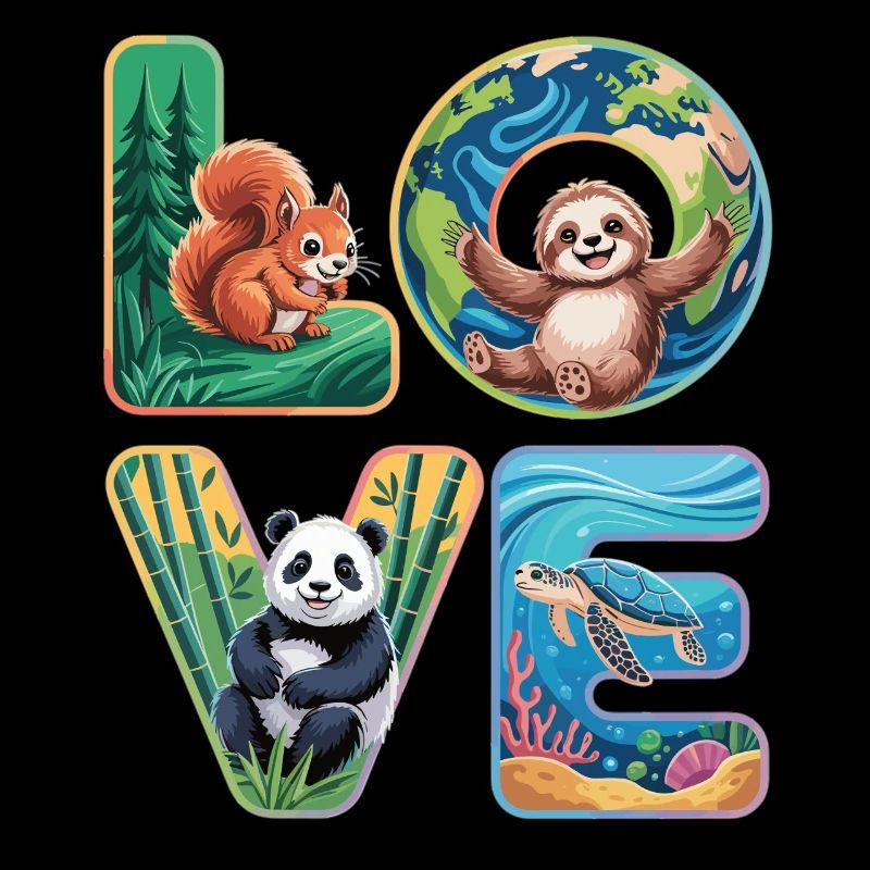 T-Shirt Panda Sloth Turtle Squirrel