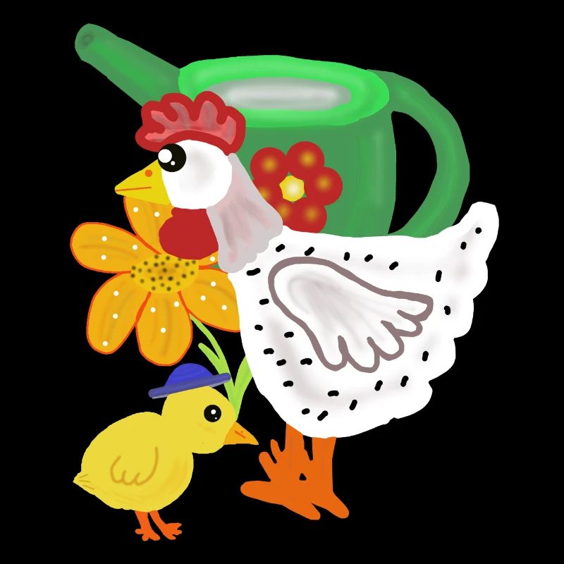 Poulet et poussin dans le jardin fleuri