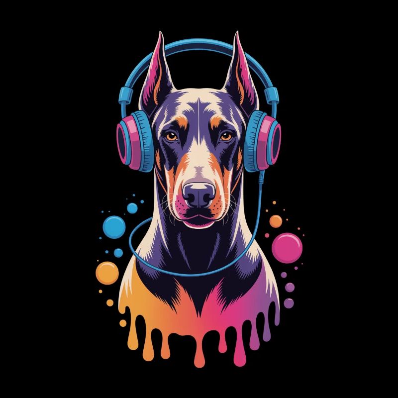 Dobermann mit Kopfhörern