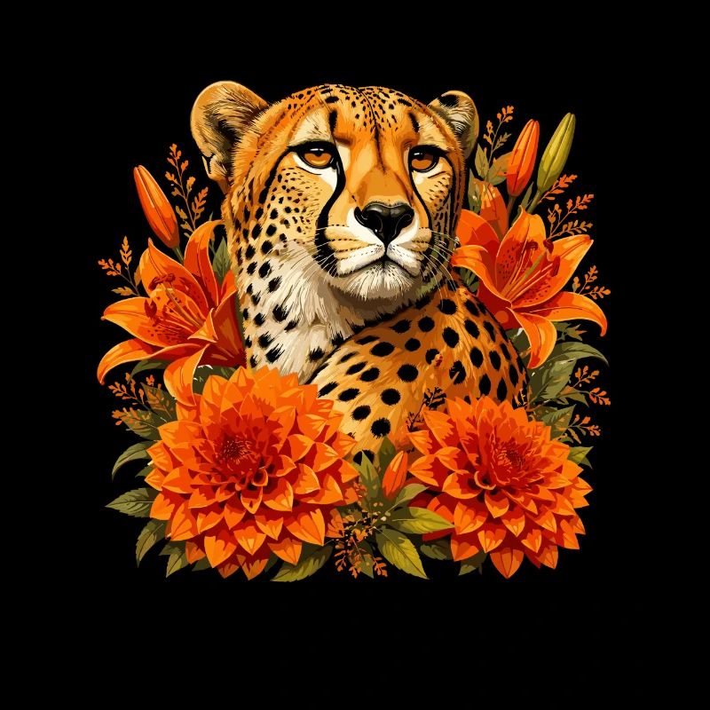 Cheetah im Herbstblütenrahmen