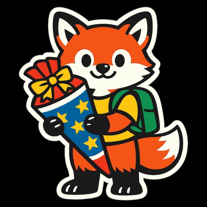 Fuchs mit Geschenk und Rucksack Einschulung