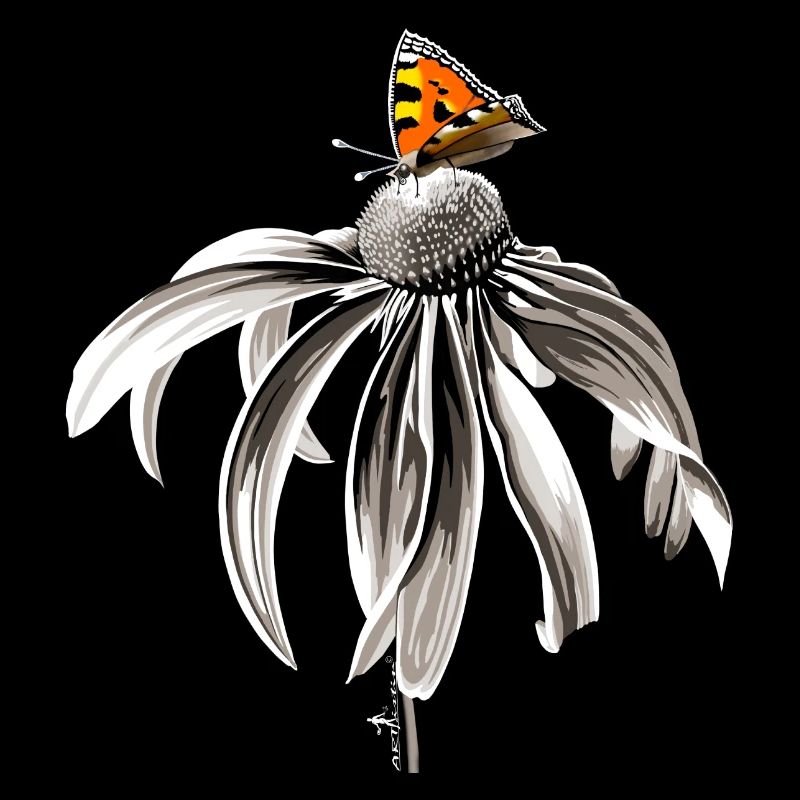 Fleur noire et blanche avec petit renard papillon