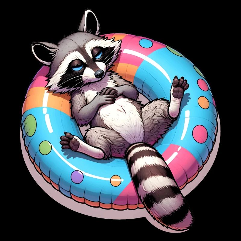 A relaxed raccoon on a swimming ring