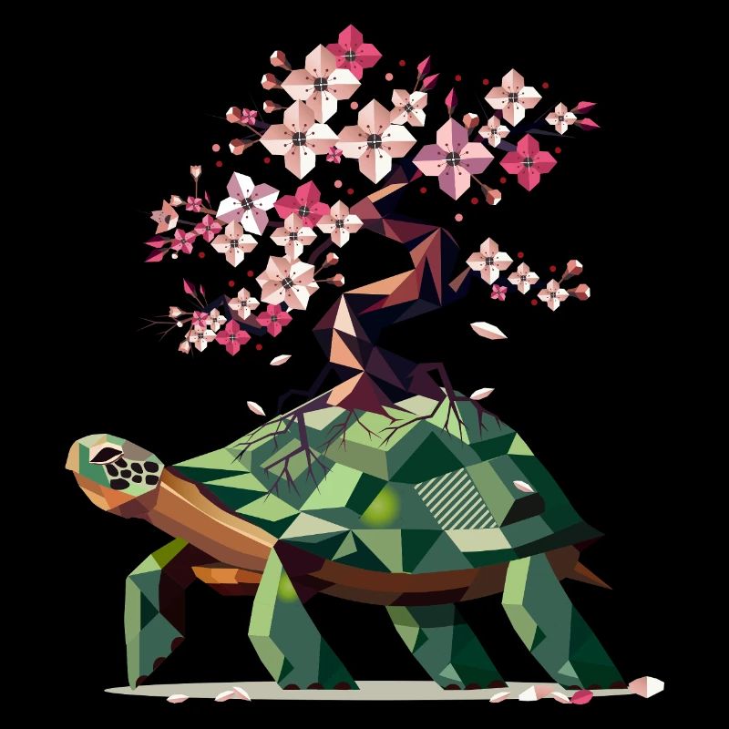 Turtle with Blooming Cherry Blossom Bonsai