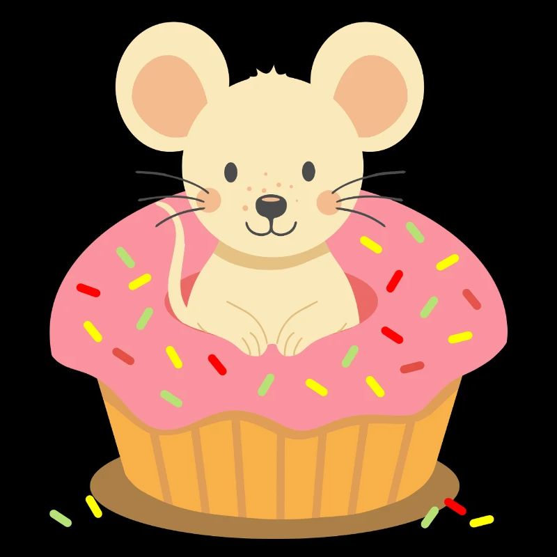 Mouse sitting in a pink cupcake with sprinkles
