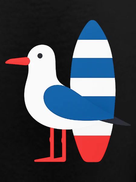 Seagull with surfboard