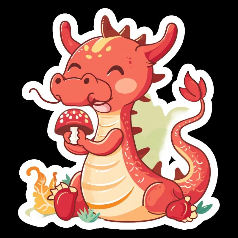 Petit dragon chinois mangeant un champignon