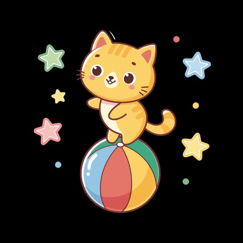 Cute kitten acrobat on a rainbow ball
