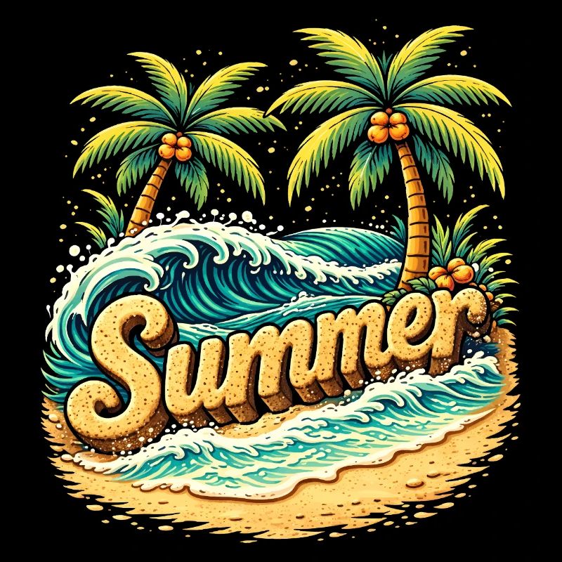 Palm Trees Beach Waves Illustration