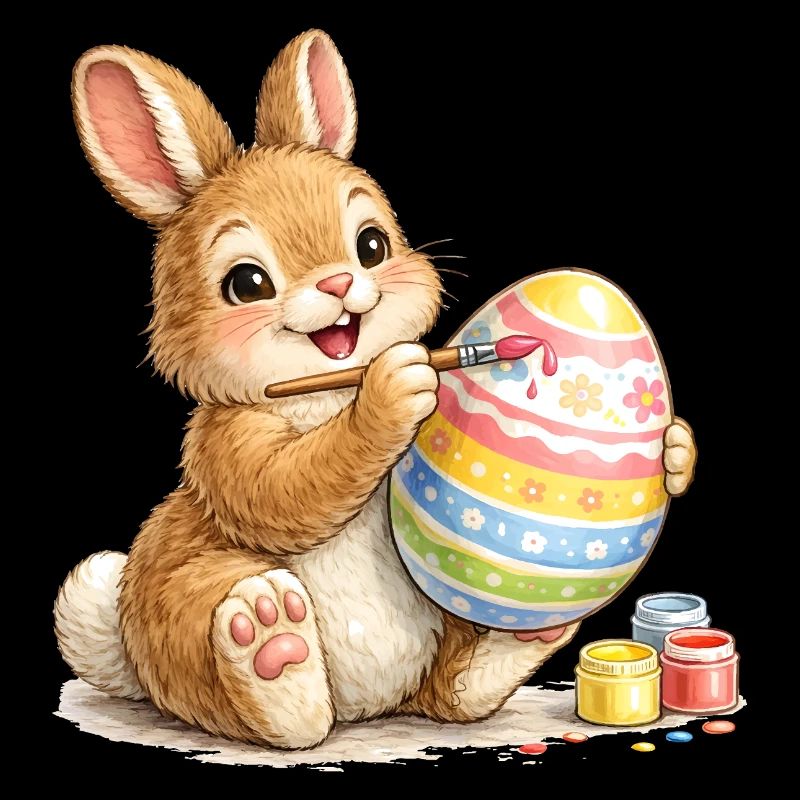 Bunny happily paints a colorful Easter egg
