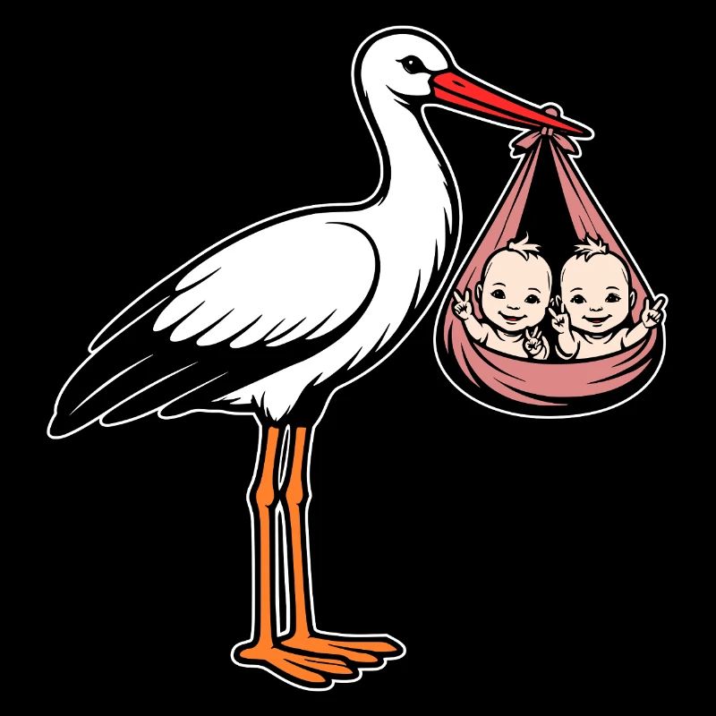 Stork with baby's twins in cloth pink