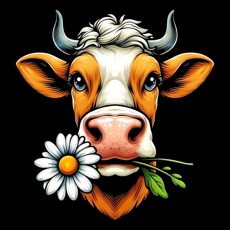 Kuh mit einer Gänseblümchenblume im Maul Blumen
