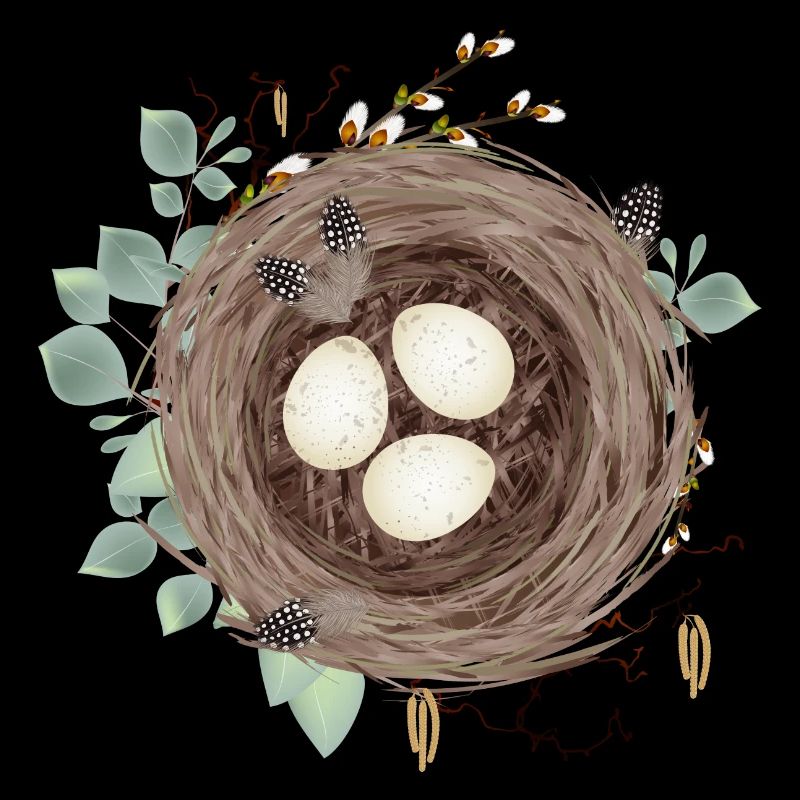 Bird's nest or Easter nest with three eggs and feathers