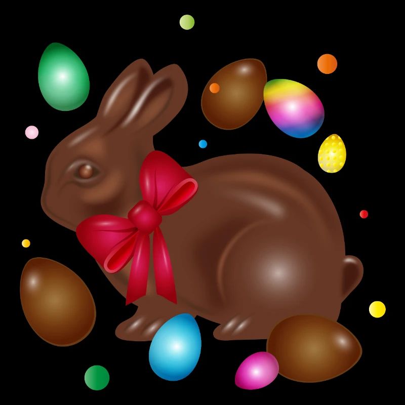 Chocolate Easter bunny with colorful Easter eggs