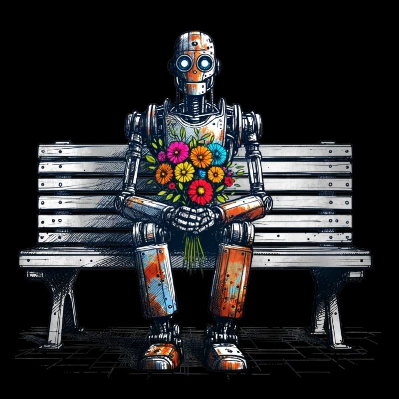 Robot banc fleurs Robot amour Art rouillé