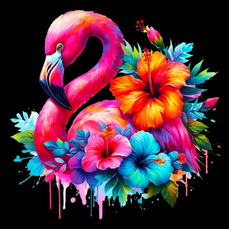 Flamant rose décoré de fleurs d’hibiscus
