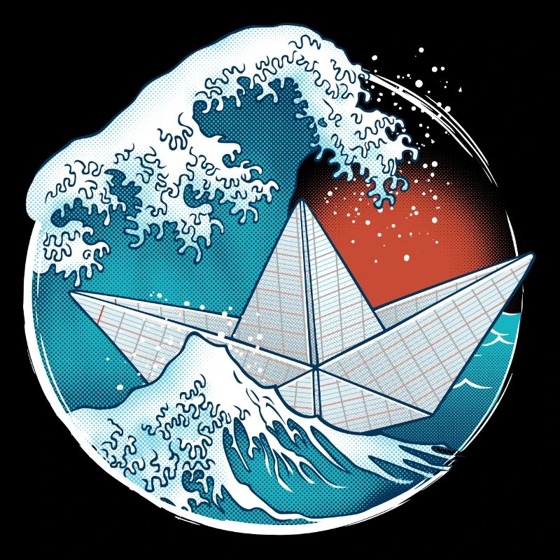 Origami paper boat and waves