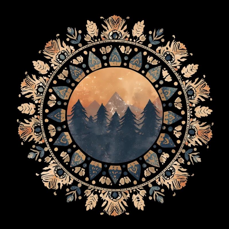 Boho Mandala with Forest & Mountains in Sunlight