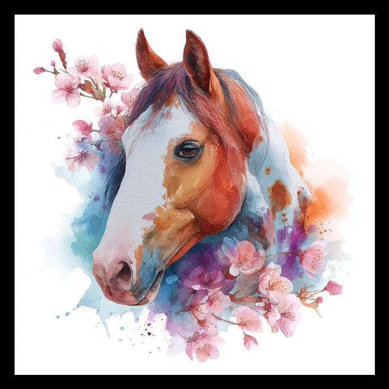 Cheval aquarelle avec des fleurs