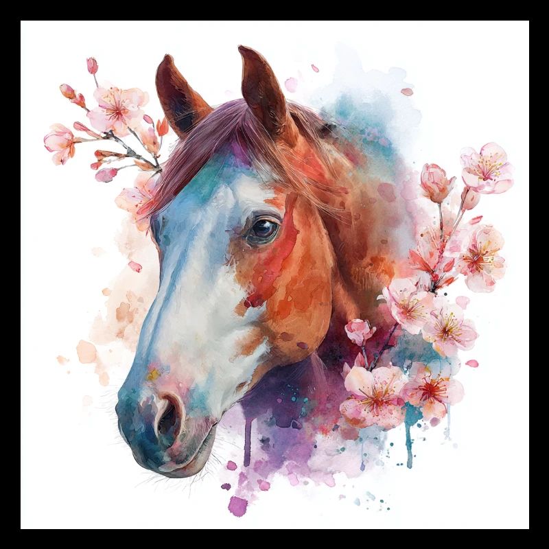 Aquarelle Cheval et Fleurs