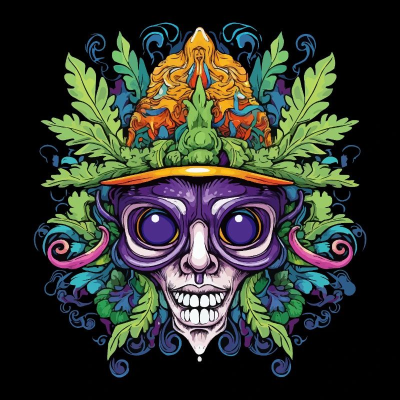Psychedelic skull with leaf crown