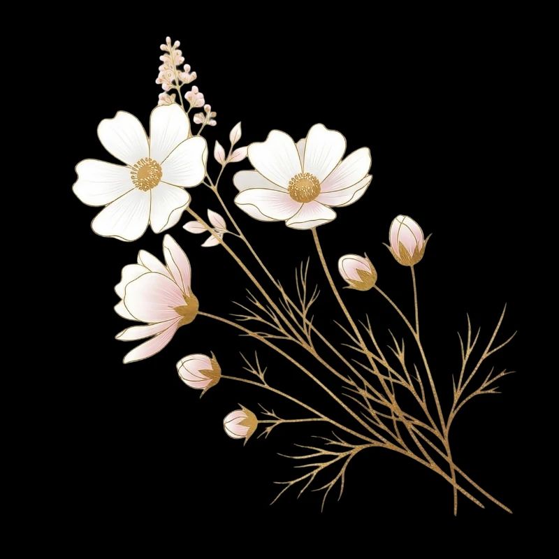 Accents dorés, fleurs blanches