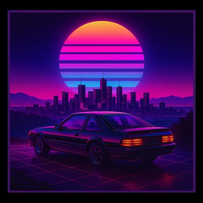 Neon Outrun Sunset Car – Retro Synthwave