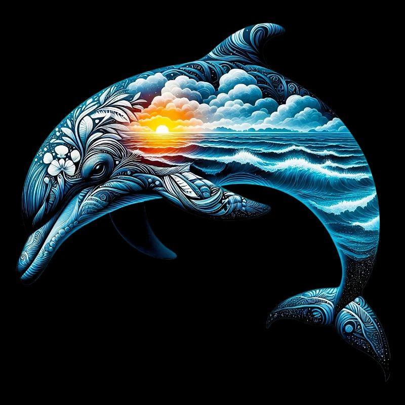 Dekorierter Delfin mit einer Meereslandschaft