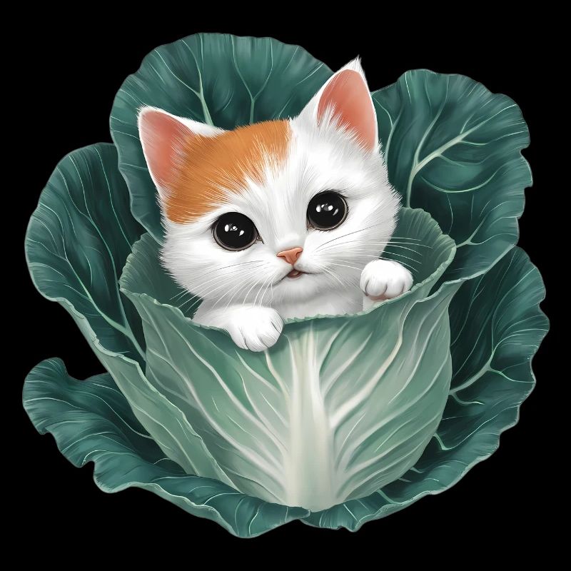 Kitten Peeking from Cabbage Leaf