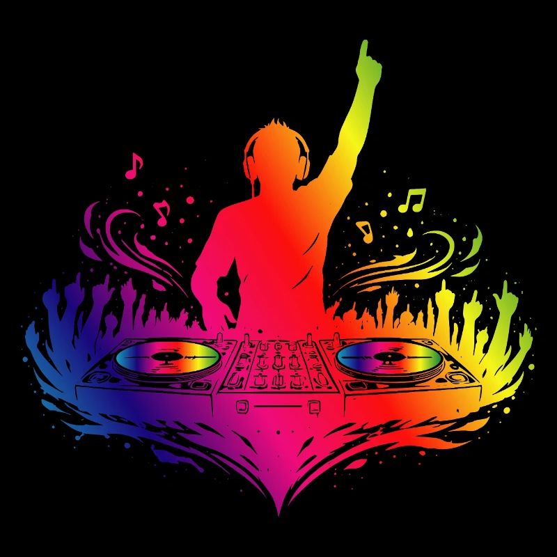 Colorful DJ with turntables and beats