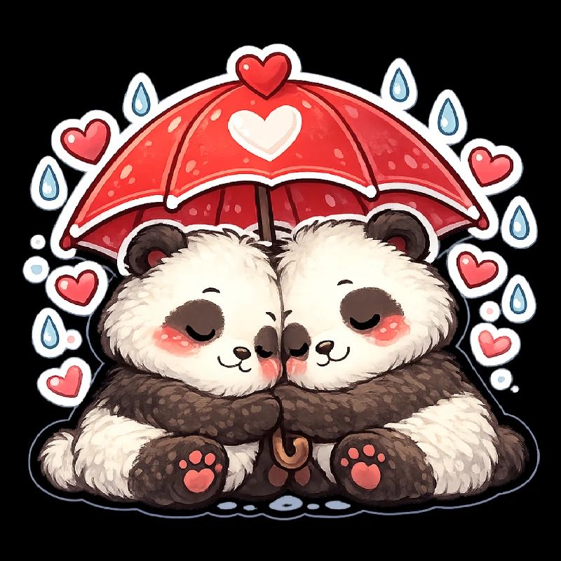 Panda Rain Heart Under Umbrella