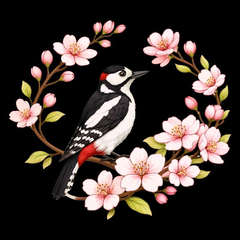 Great Spotted Woodpecker with Cherry Blossoms Spring Motif