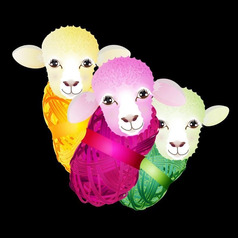 three colourful sheep with colour-coordinated wool