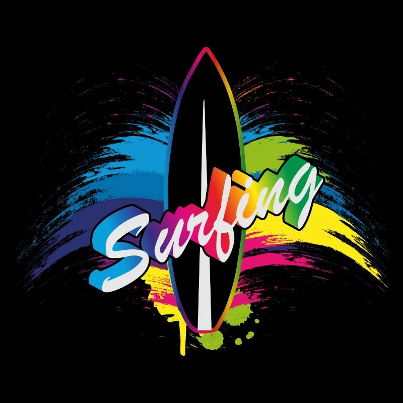 Surfing rainbow surfboard splash typography
