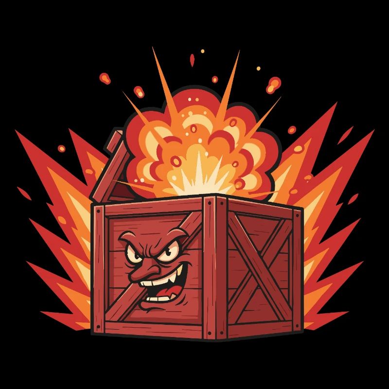 Exploding wooden box with a grim face