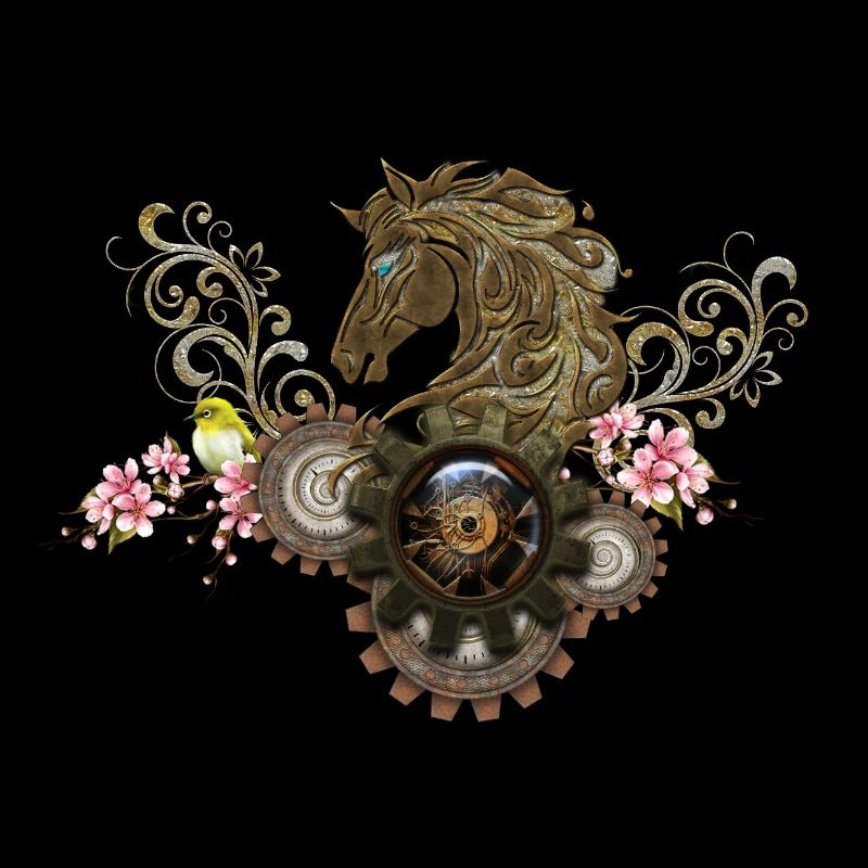 Ce cheval steampunk unique avec des fleurs