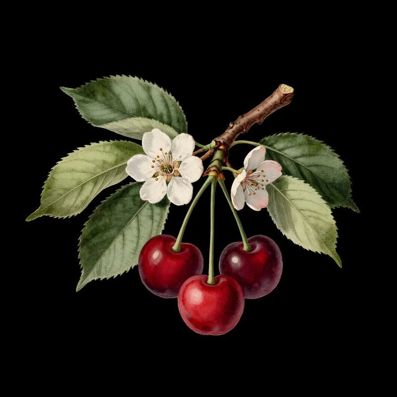 Gravure cerises et fleurs botaniques