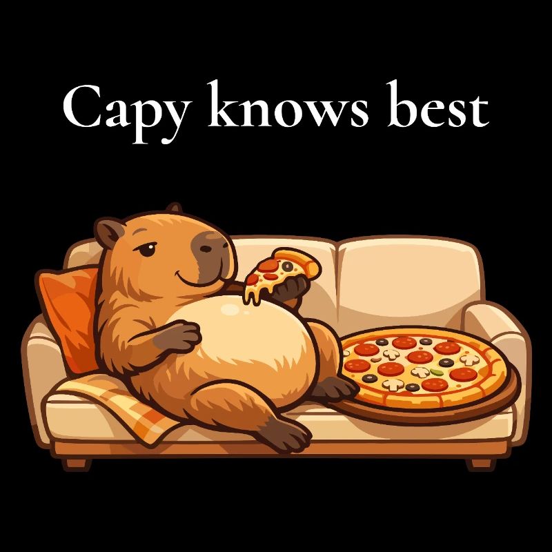 Capybara with pizza on sofa
