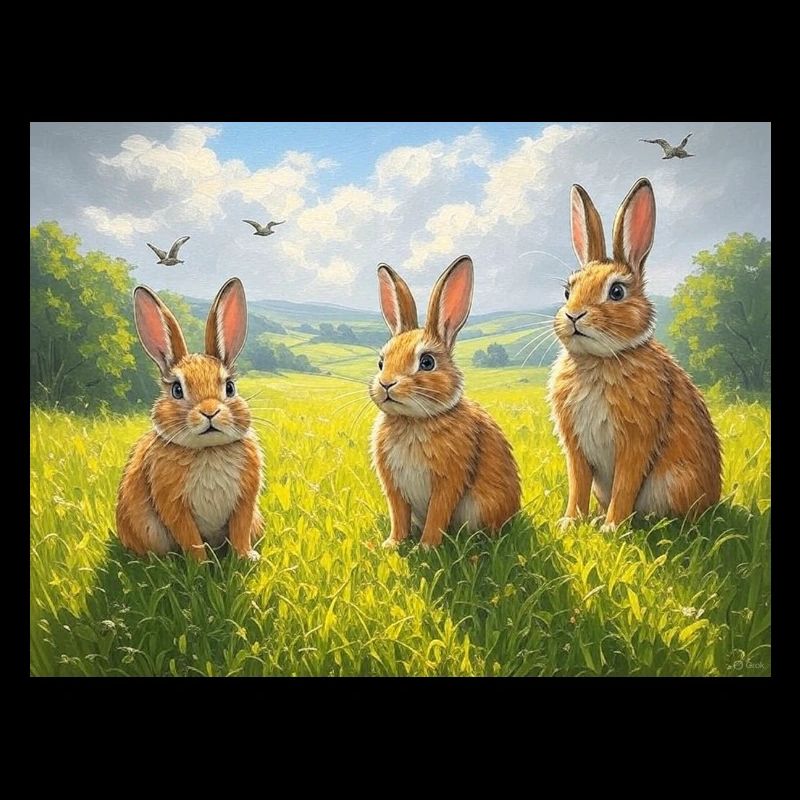 Trois lapins dans le champ de printemps