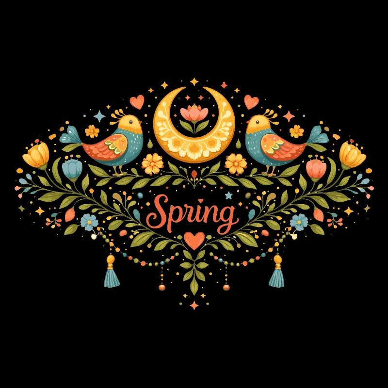Spring ornament with flowers, birds and moon