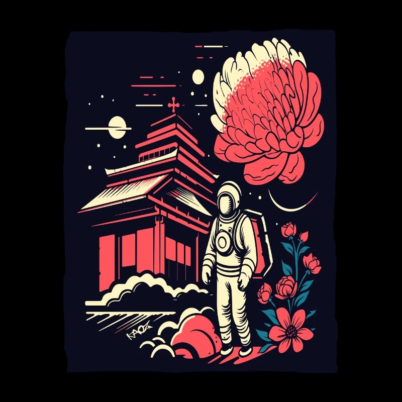 Astronaut vor japanischem Tempel mit Blumen