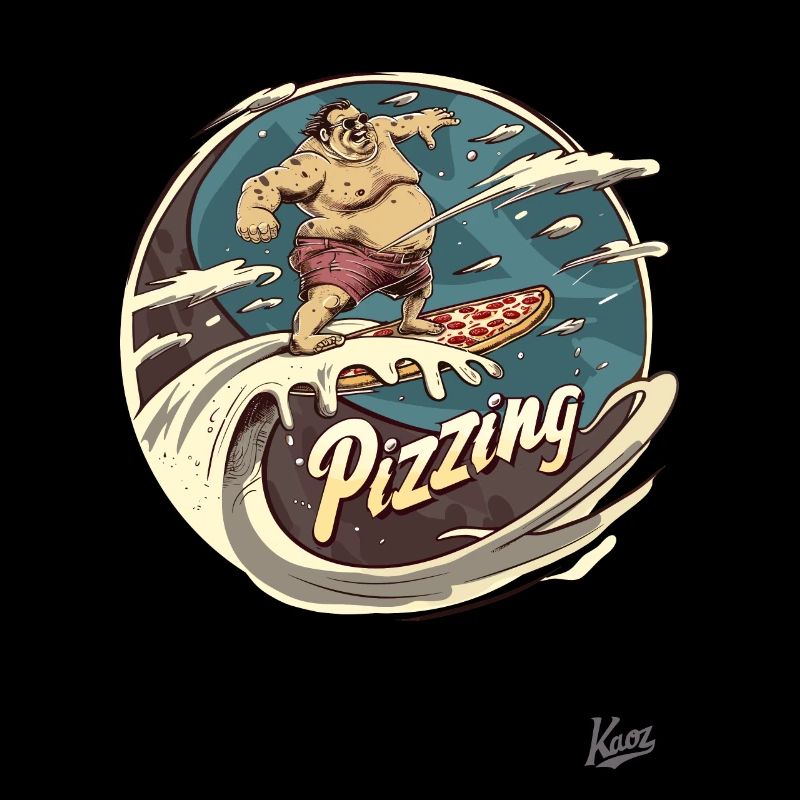 Big surfer guy surfing on a pizza wave
