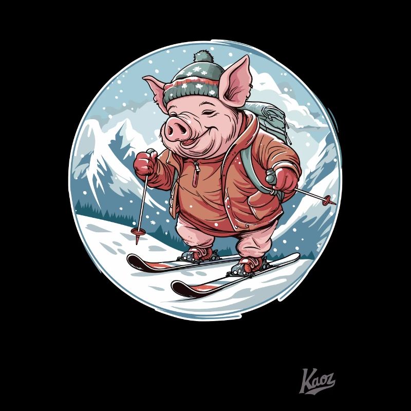 Funny Winter Scene: Skiing Ski Pig